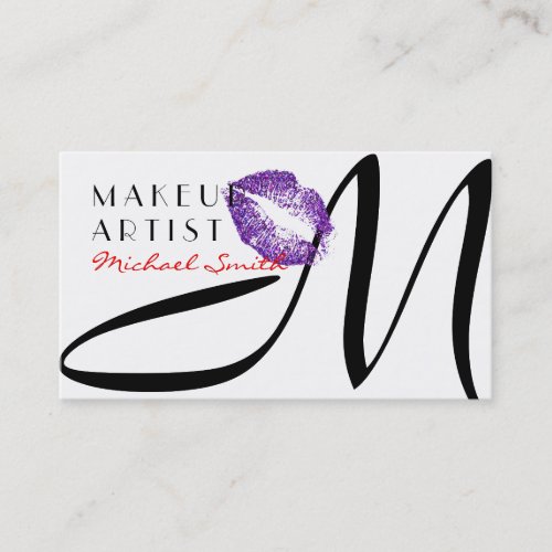 Makeup Artist Stylish Purple Lips Monogram 2 Business Card