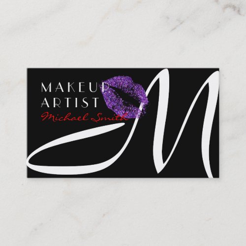 Makeup Artist Stylish Purple Lips Monogram Business Card