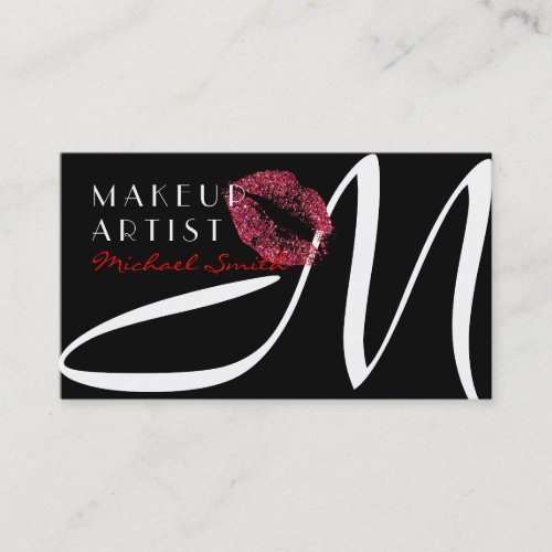 Makeup Artist Stylish Red Lips Monogram Business Card