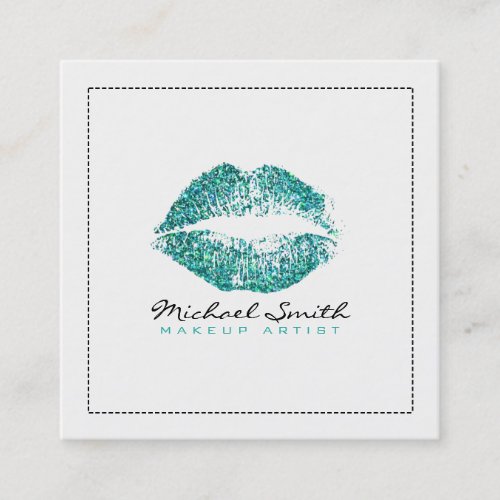 Makeup Artist Stylish Turquoise Glitter Lips Square Business Card