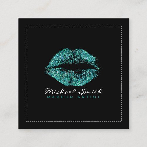 Makeup Artist Stylish Turquoise Glitter Lips Square Business Card