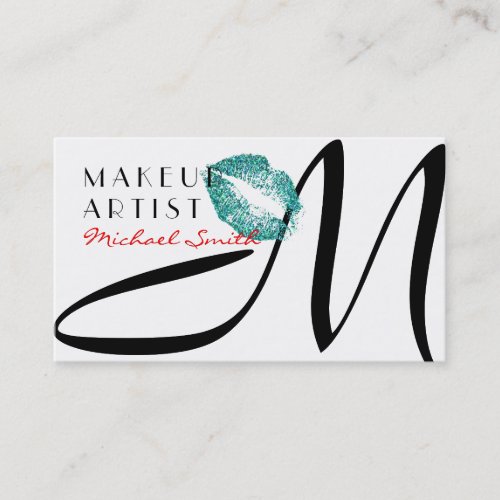 Makeup Artist Stylish Turquoise Lips Monogram 2 Business Card