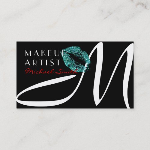 Makeup Artist Stylish Turquoise Lips Monogram Business Card