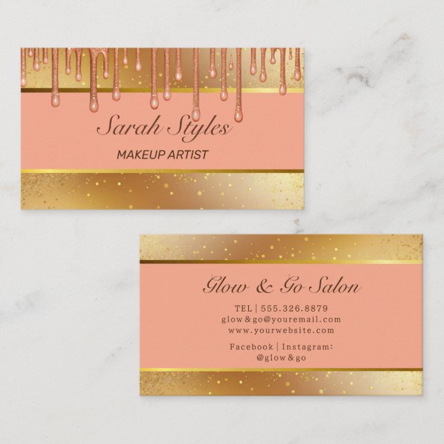 Makeup Artist Stylist Glam Rose Gold Glitter drips Business Card (Front/Back)