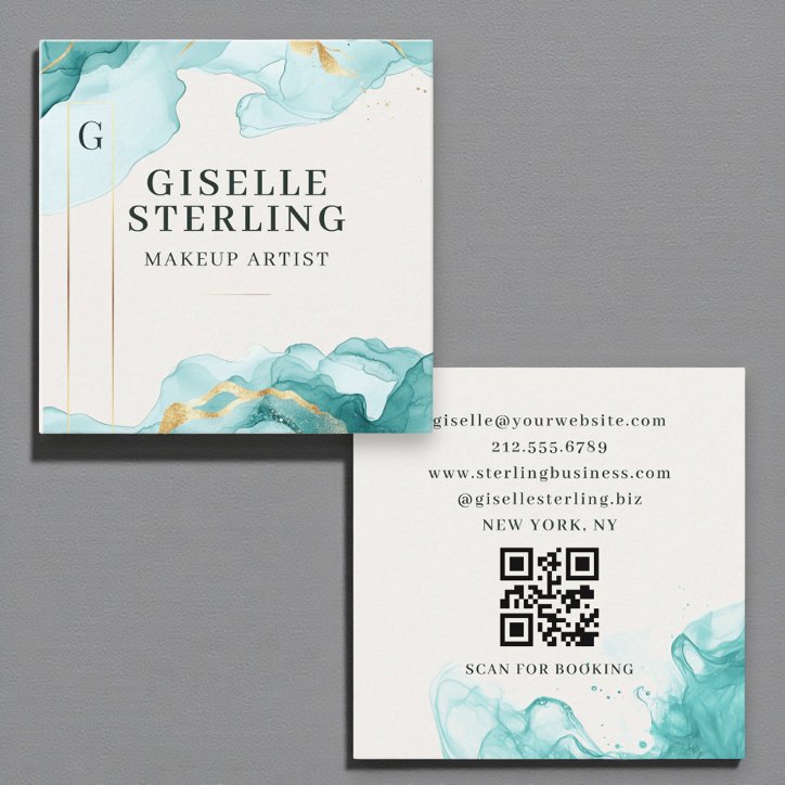 Makeup Artist Teal Blue Watercolor QR Code Square Business Card