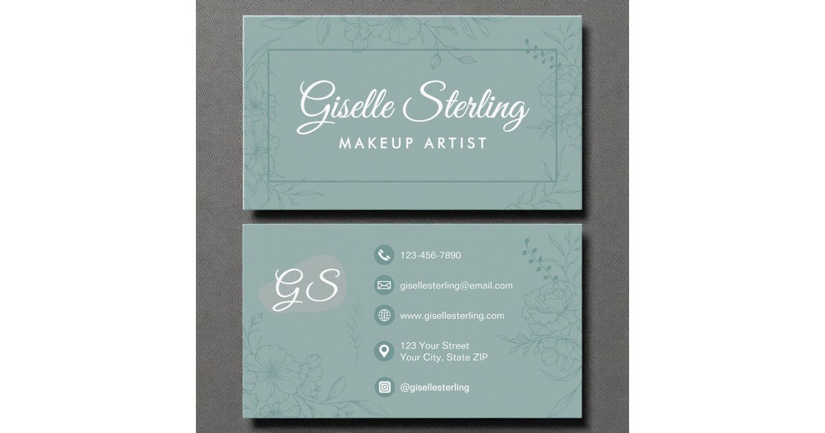 Marked Script Makeup Makeup Artist Teal Floral Line Art Modern Script Business Card | Zazzle