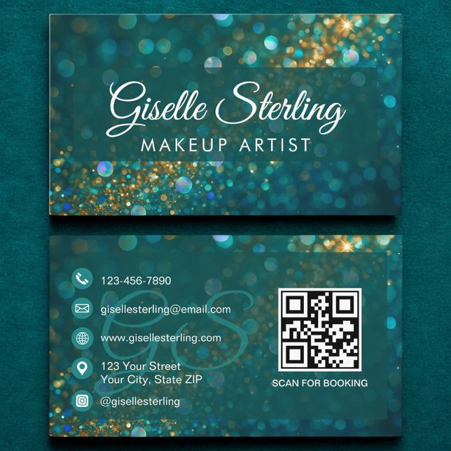 Makeup Artist Teal Gold Glitter Opal QR Code Business Card (Creator Uploaded)