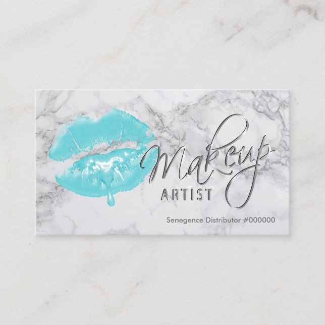 Makeup Artist Teal Lips and Gray Marble Business Card (Front)