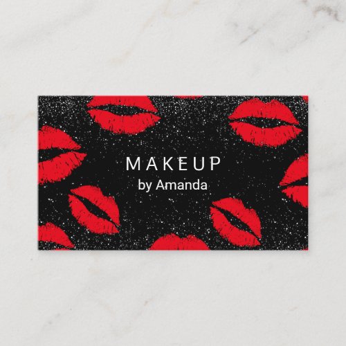 Makeup Artist Trendy Black Glitter Red Lips Salon Business Card