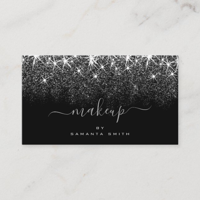 Makeup Artist Trendy Luminous Silver Glitter Stars Business Card (Front)