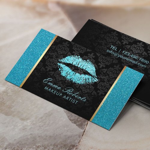 Makeup Artist Turquoise Glitter Lips Modern Salon Business Card