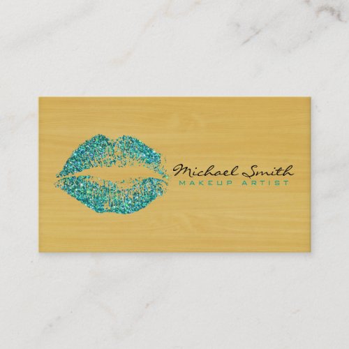 Makeup Artist Turquoise Lips Modern Wood 2 Business Card