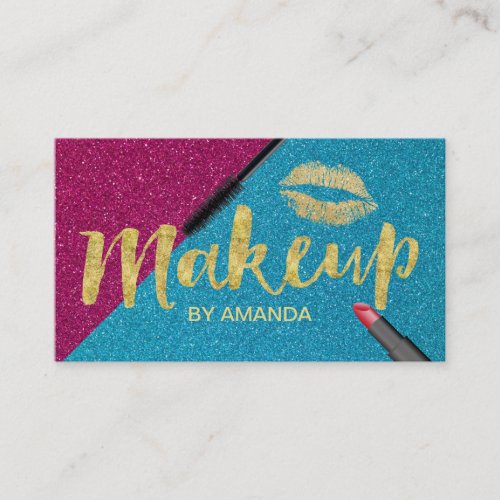 Makeup Artist Turquoise  Purple Gold Script Business Card