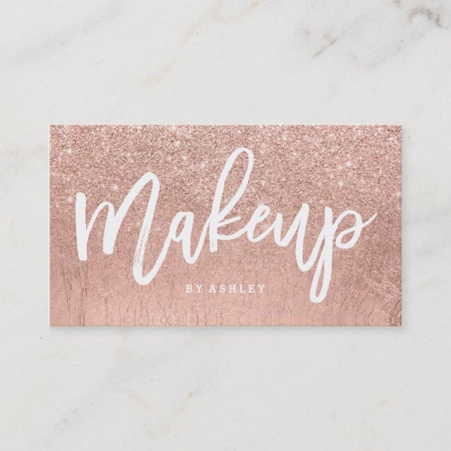 Makeup artist typography faux rose gold glitter business card (Front)