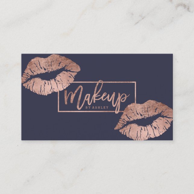 Makeup artist typography lips faux rose gold business card (Front)