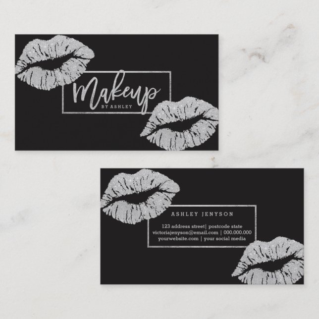 Makeup artist typography lips faux silver business card (Front/Back)