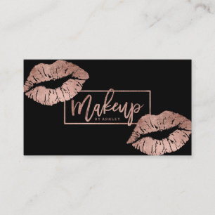 Makeup artist typography lips rose gold black business card