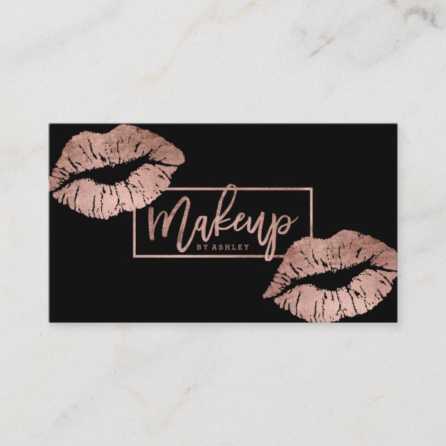 Makeup artist typography lips rose gold black business card (Front)