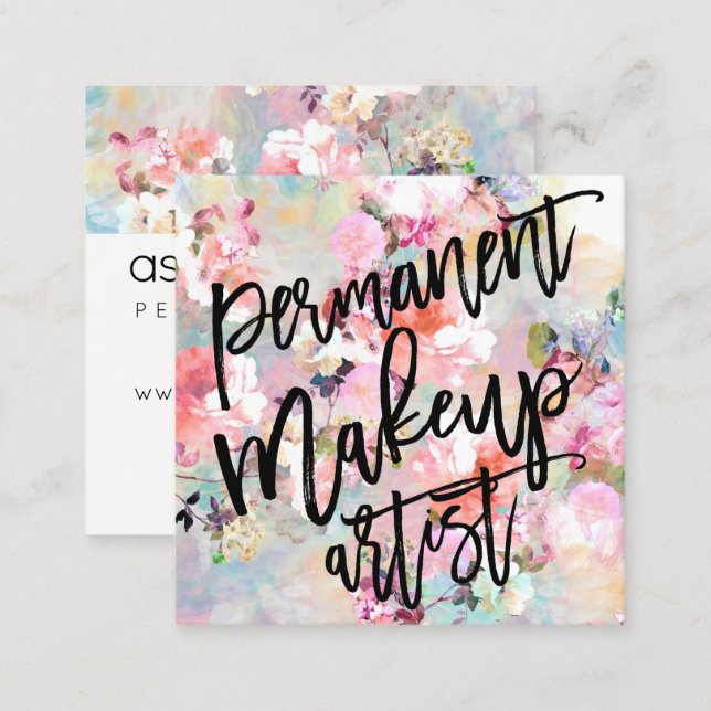 Makeup artist typography modern floral watercolor square business card (Front/Back)