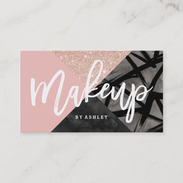 Makeup artist typography rose gold color block business card (Front)