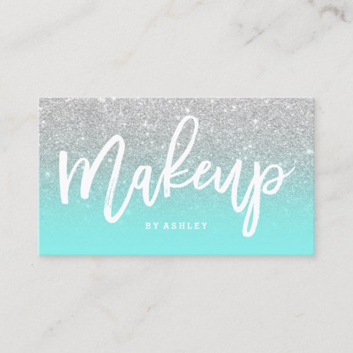 Makeup artist typography silver glitter teal business card