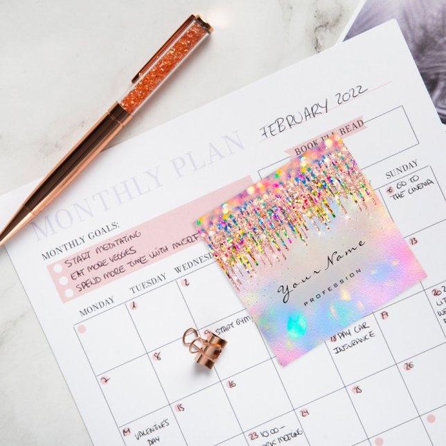 Makeup Artist Unicorn Rainbow Holograph Drips Square Business Card (Makeup Artist Unicorn Rainbow Holograph Drips Square Business Card)