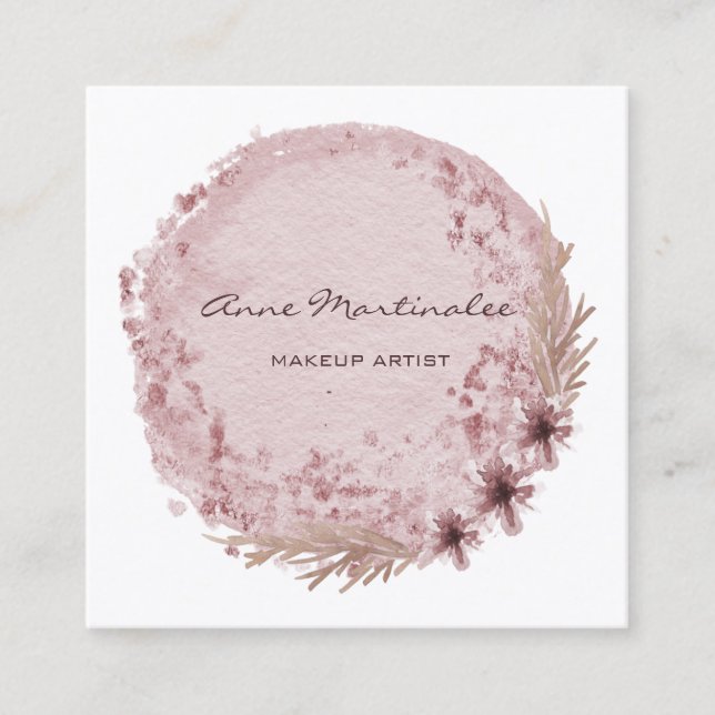 Makeup Artist Watercolor Boho Round Floral  Square Business Card (Front)