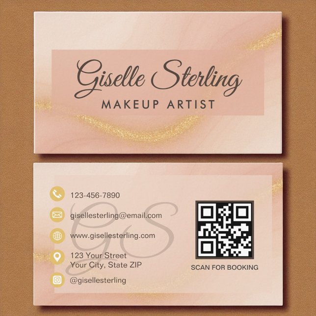 Makeup Artist Watercolor Gold Monogram QR Code Business Card (Creator Uploaded)