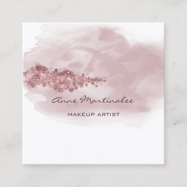 Makeup Artist Watercolor Pink Glitter Abstract  Square Business Card (Front)