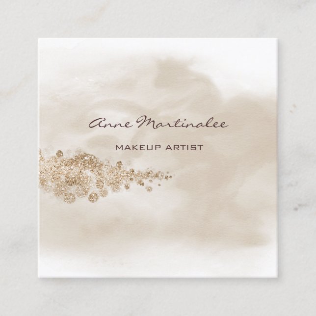 Makeup Artist Watercolor Tan Gold Glitter Cloud Square Business Card (Front)