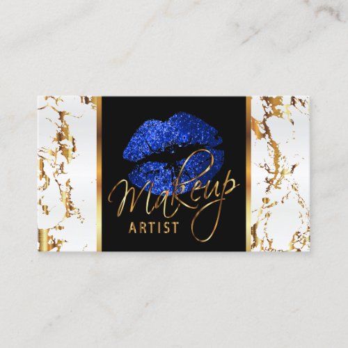 Makeup Artist _ White Marble Gold Accents  Blue Business Card