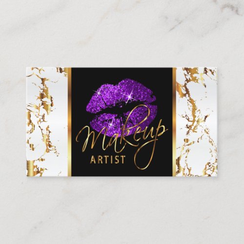 Makeup Artist _ White Marble Gold Accents  Purple Business Card