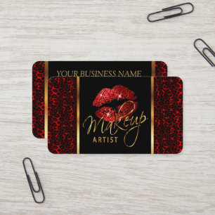 Makeup Artist with a Leopard Pattern and Red Lips Business Card