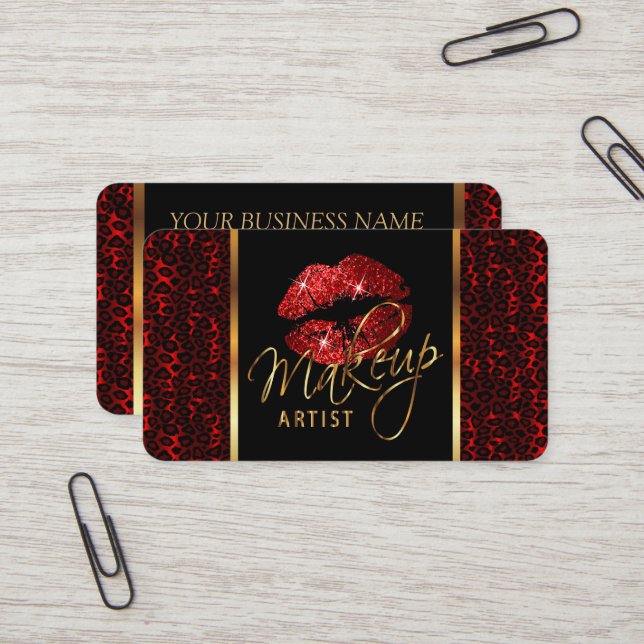 Makeup Artist with a Leopard Pattern and Red Lips  Business Card (Front/Back In Situ)