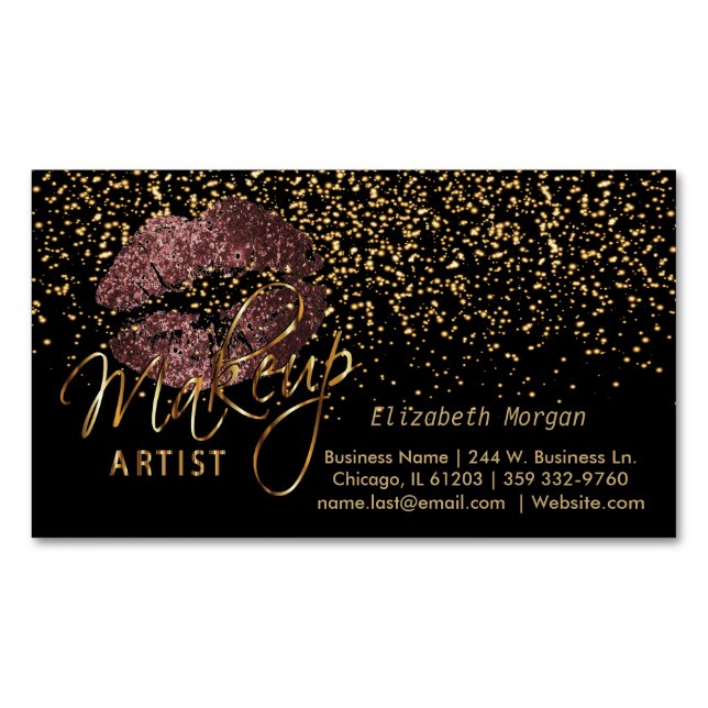 Makeup Artist with Gold Confetti & Dark Rose Lips Business Card Magnet (Front)