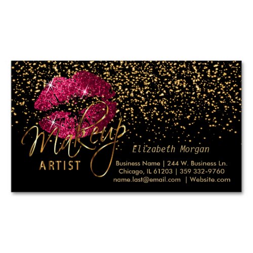 Makeup Artist with Gold Confetti  Hot Pink Lips Business Card Magnet
