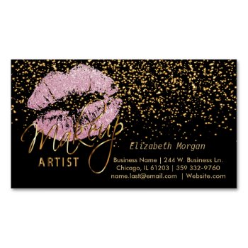 Makeup Artist With Gold Confetti & Pink Lips Magnetic Business Card by DesignsbyDonnaSiggy at Zazzle