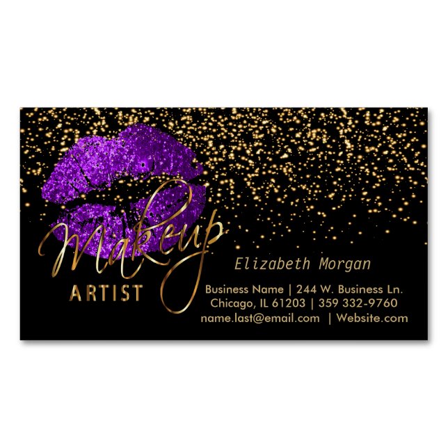 Makeup Artist with Gold Confetti & Purple Lips Business Card Magnet (Front)