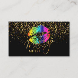 Makeup Artist with Gold Confetti &amp; Rainbow Lips Business Card