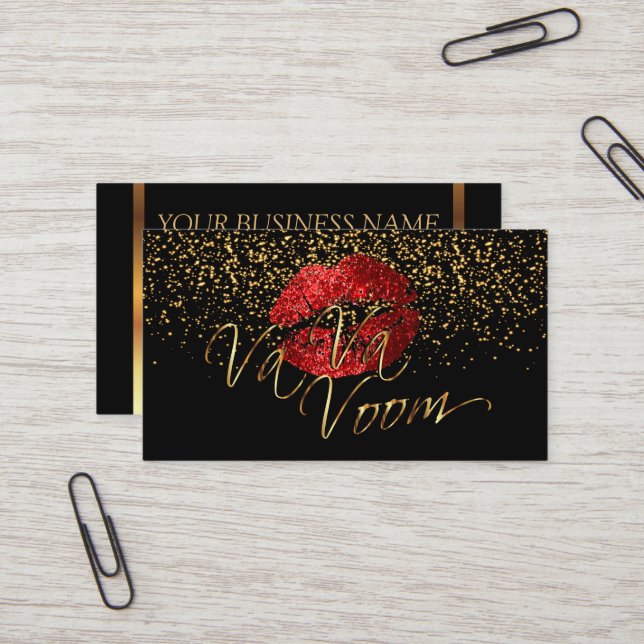 Makeup Artist with Gold Confetti & Red Lips Business Card (Front/Back In Situ)