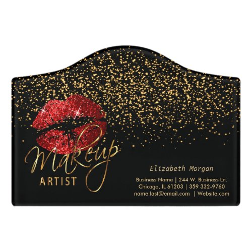 Makeup Artist with Gold Confetti  Red Lips Door Sign