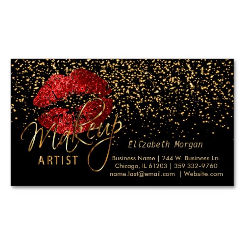 Makeup Artist with Gold Confetti  Red Lips Magnetic Business Card