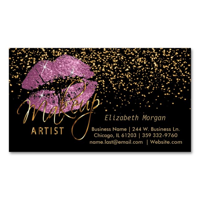 Makeup Artist with Gold Confetti & So Pink Lips Magnetic Business Card (Front)