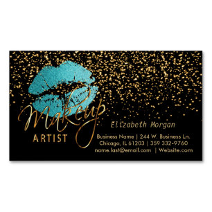 Makeup Artist with Gold Confetti & Teal Lips Business Card Magnet
