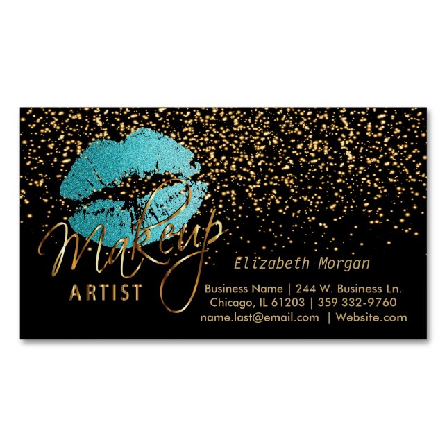 Makeup Artist with Gold Confetti & Teal Lips Business Card Magnet (Front)