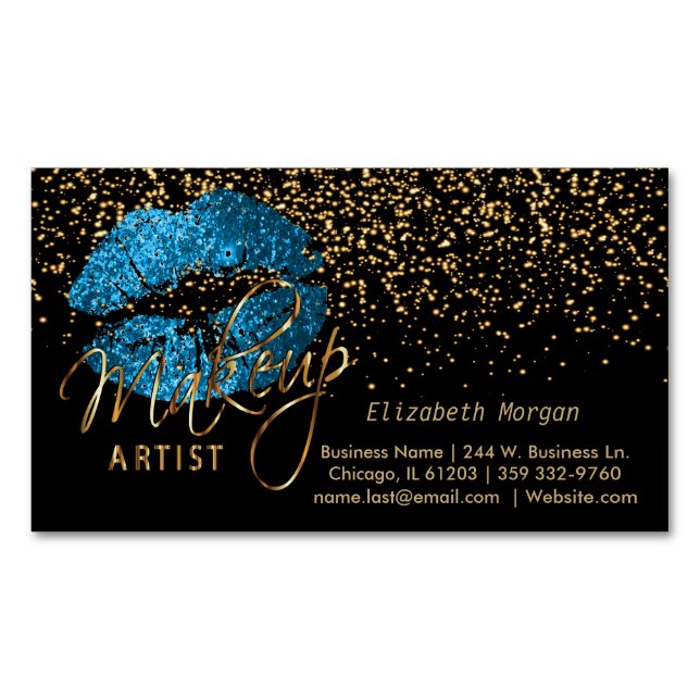 Makeup Artist with Gold Confetti & Turquoise Lips Business Card Magnet (Front)