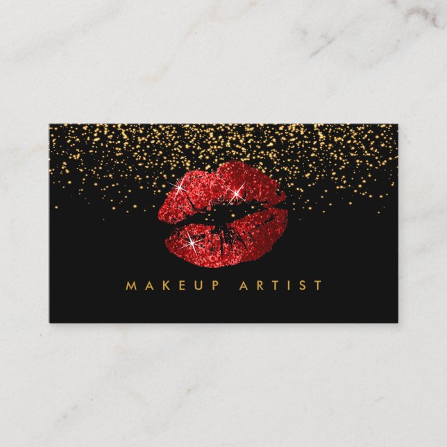 Makeup Artist with Gold & Red Lips Business Card (Front)
