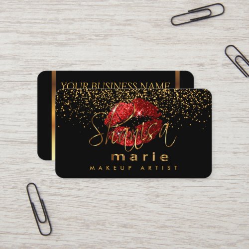 Makeup Artist with Gold  Red Lips Business Card