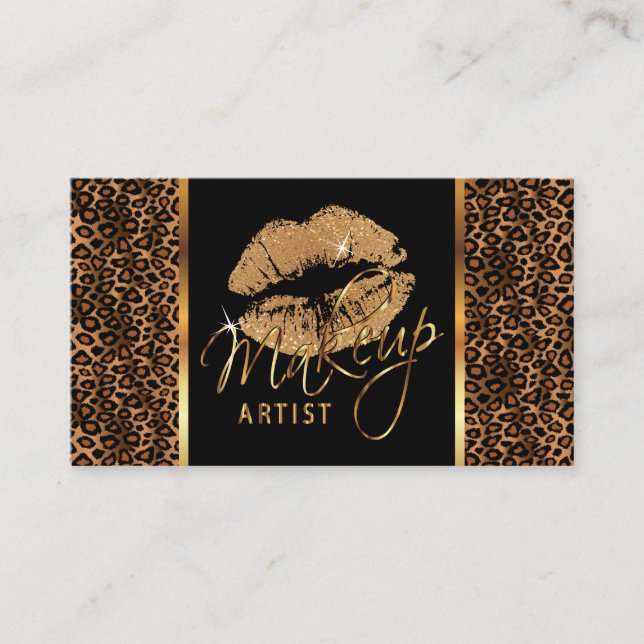 Makeup Artist with Leopard & Gold Lips Business Card (Front)