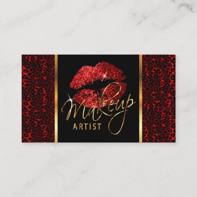 Makeup Artist with Leopard & Red Lips Business Card (Front)